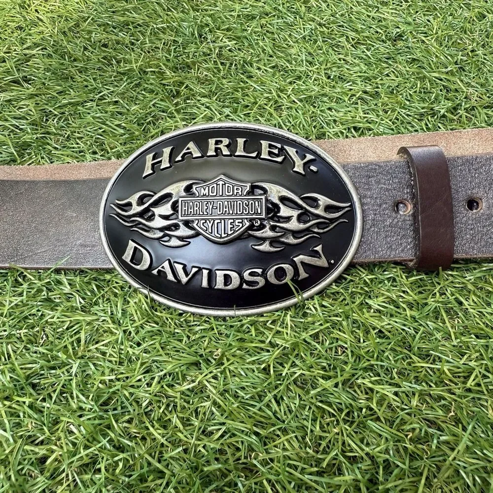 Y2K Harley Davidson Mens Belt Buckle Black Flame‎ Brushed Chrome Biker Grunge